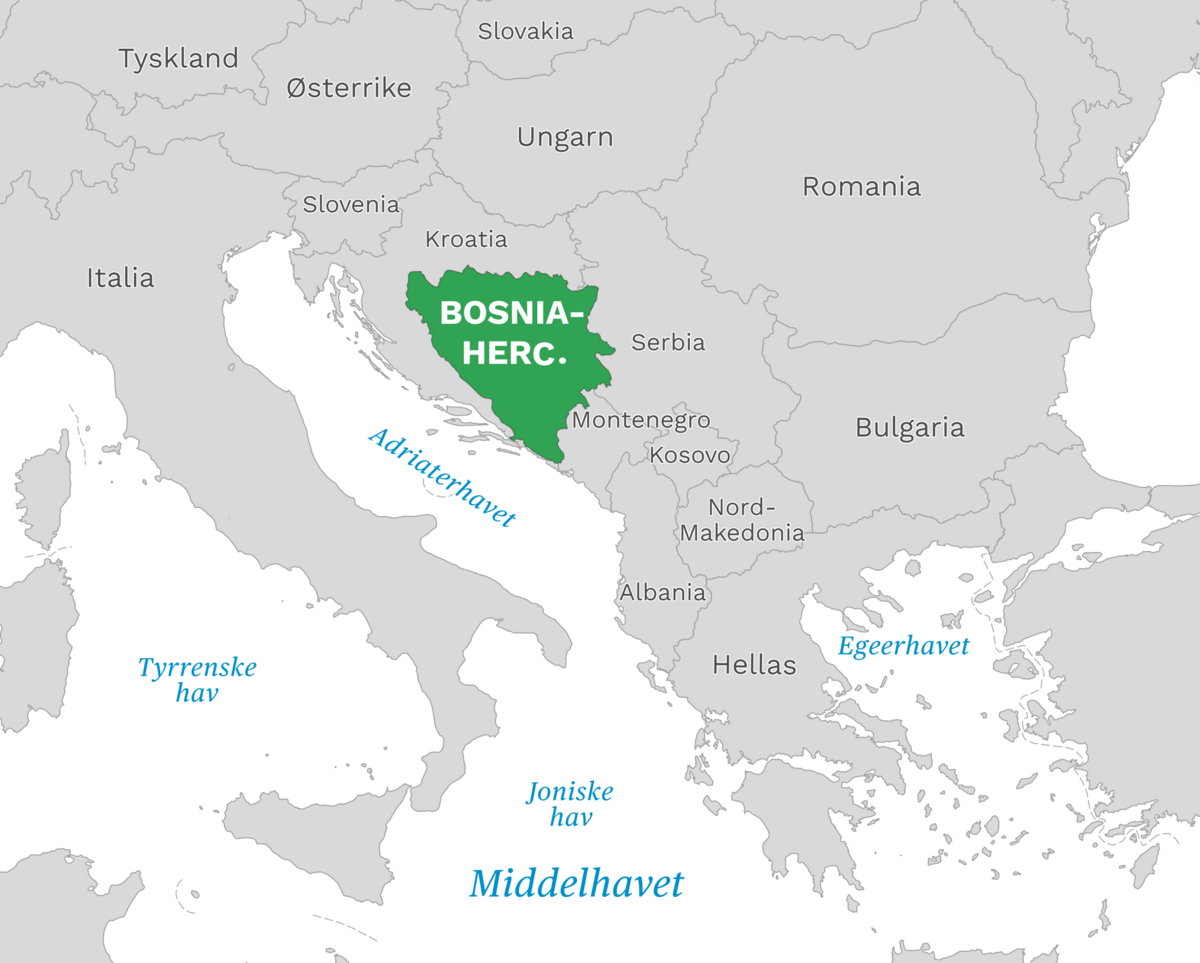 Plassering av Bosnia-Hercegovina med naboland rundt, kart.