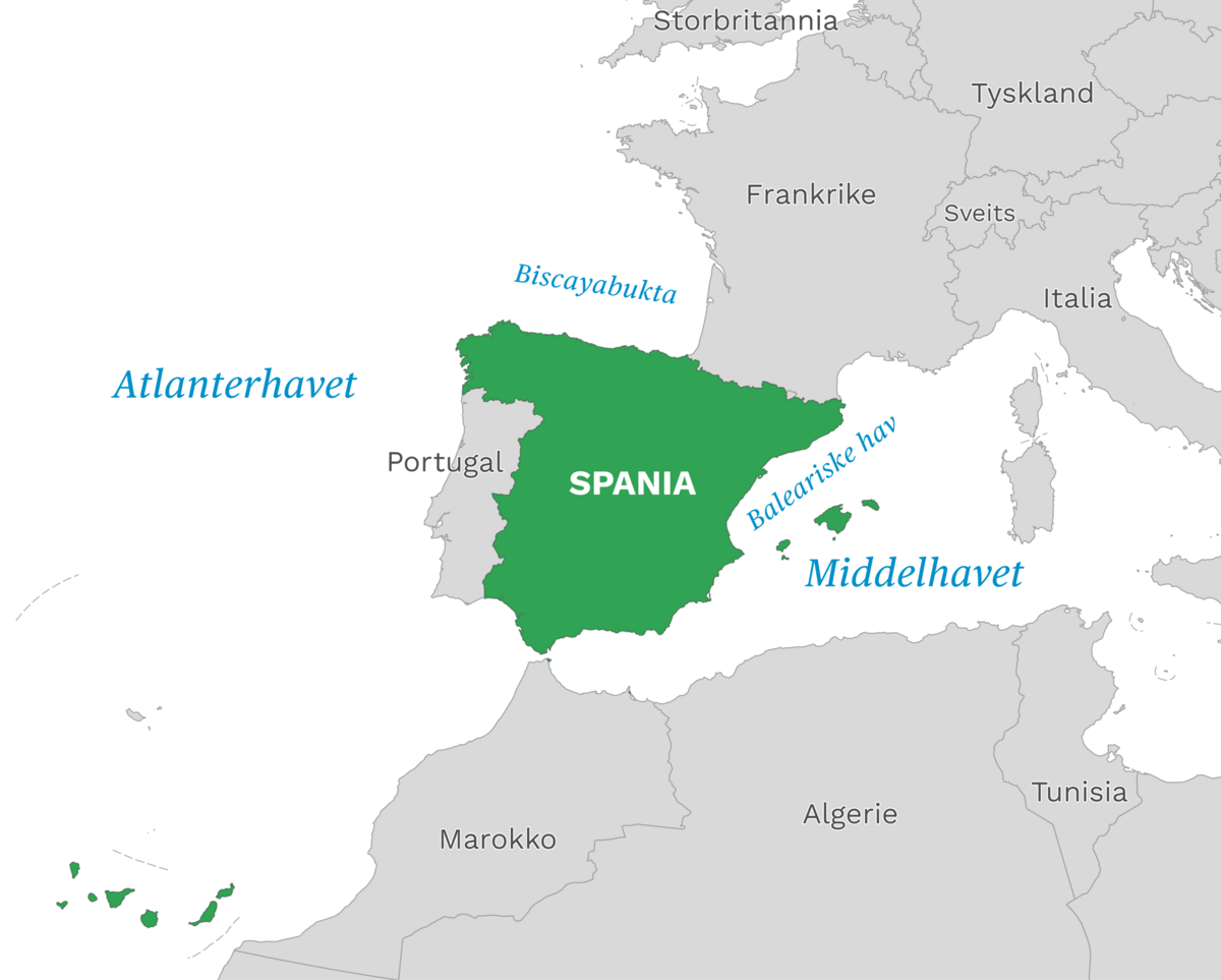 Plassering av Spania med naboland rundt, kart.