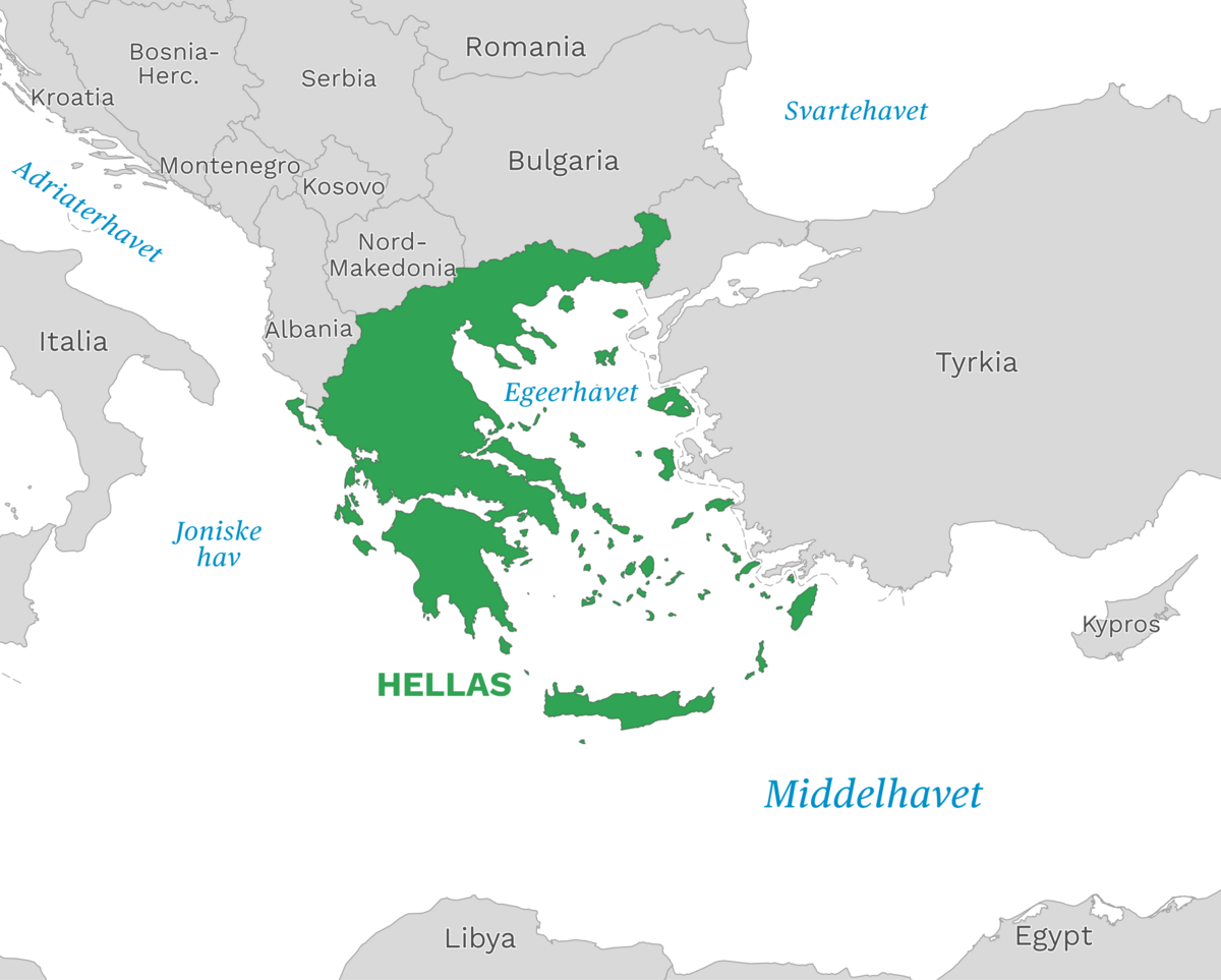 Plassering av Hellas med naboland rundt, kart.