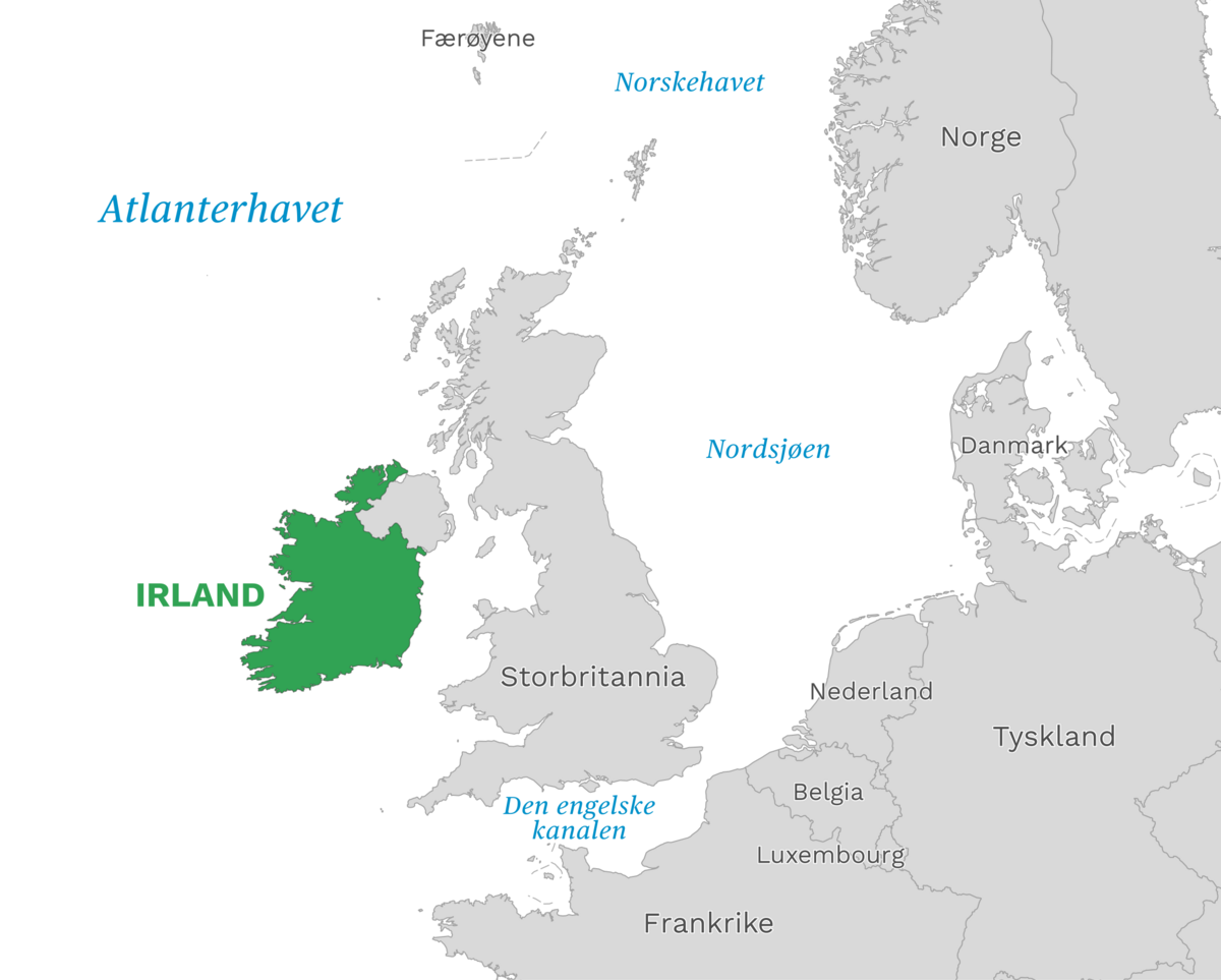 Plassering av Irland med naboland rundt, kart.