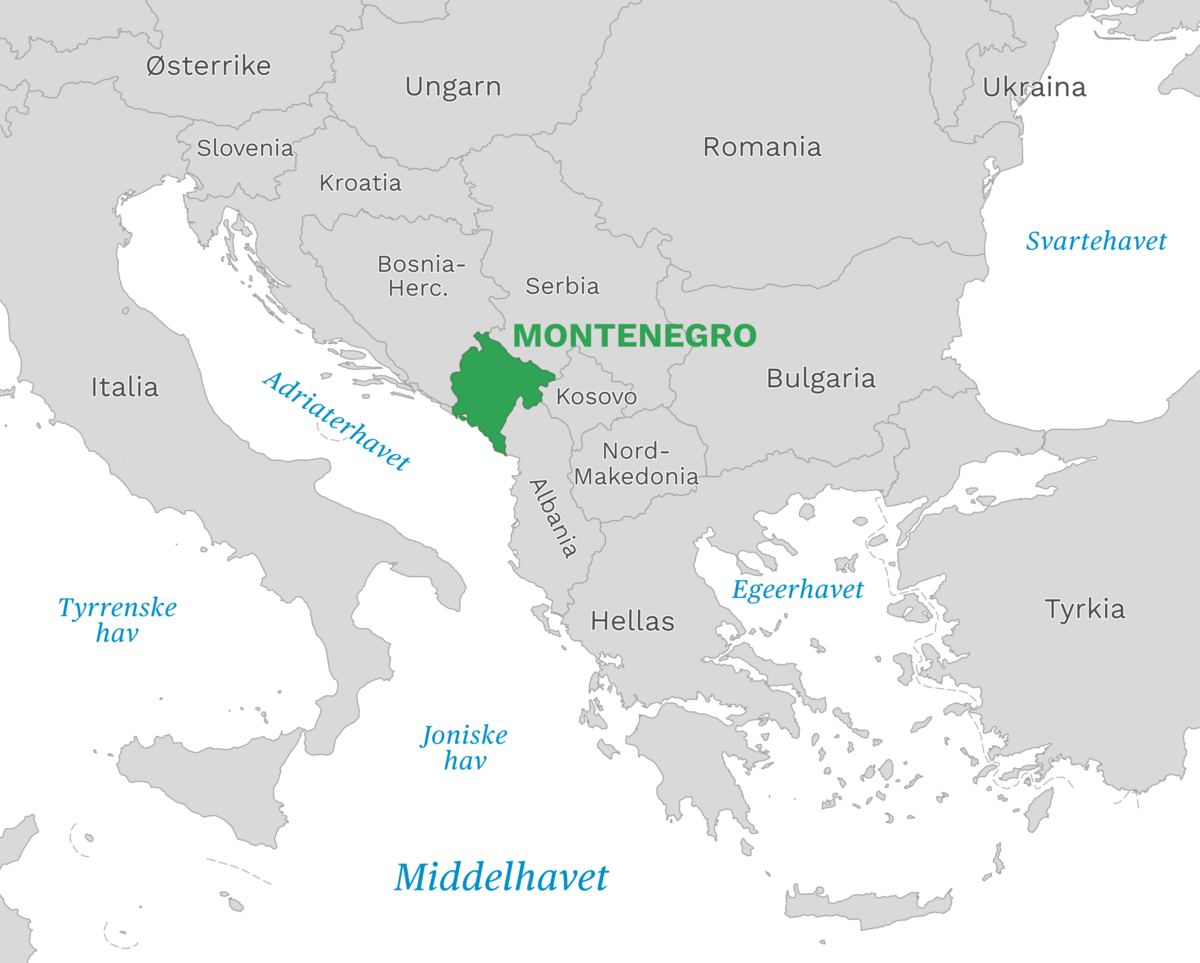 Plassering av Montenegro med naboland rundt, kart.