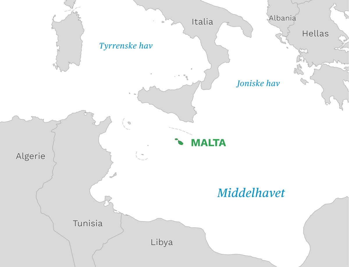 Plassering av Malta med naboland rundt, kart.
