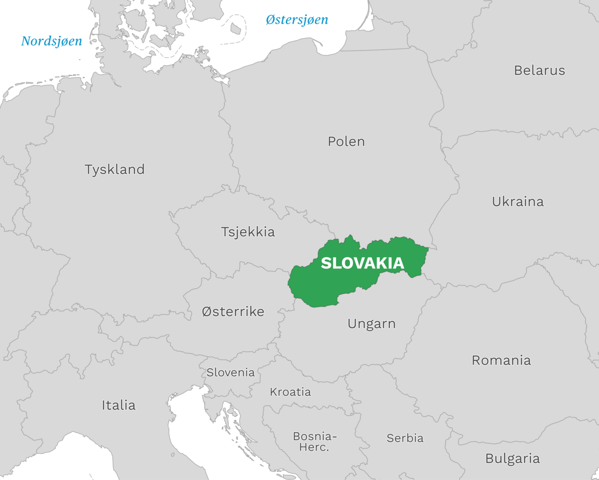 Plassering av Slovakia med naboland rundt, kart.