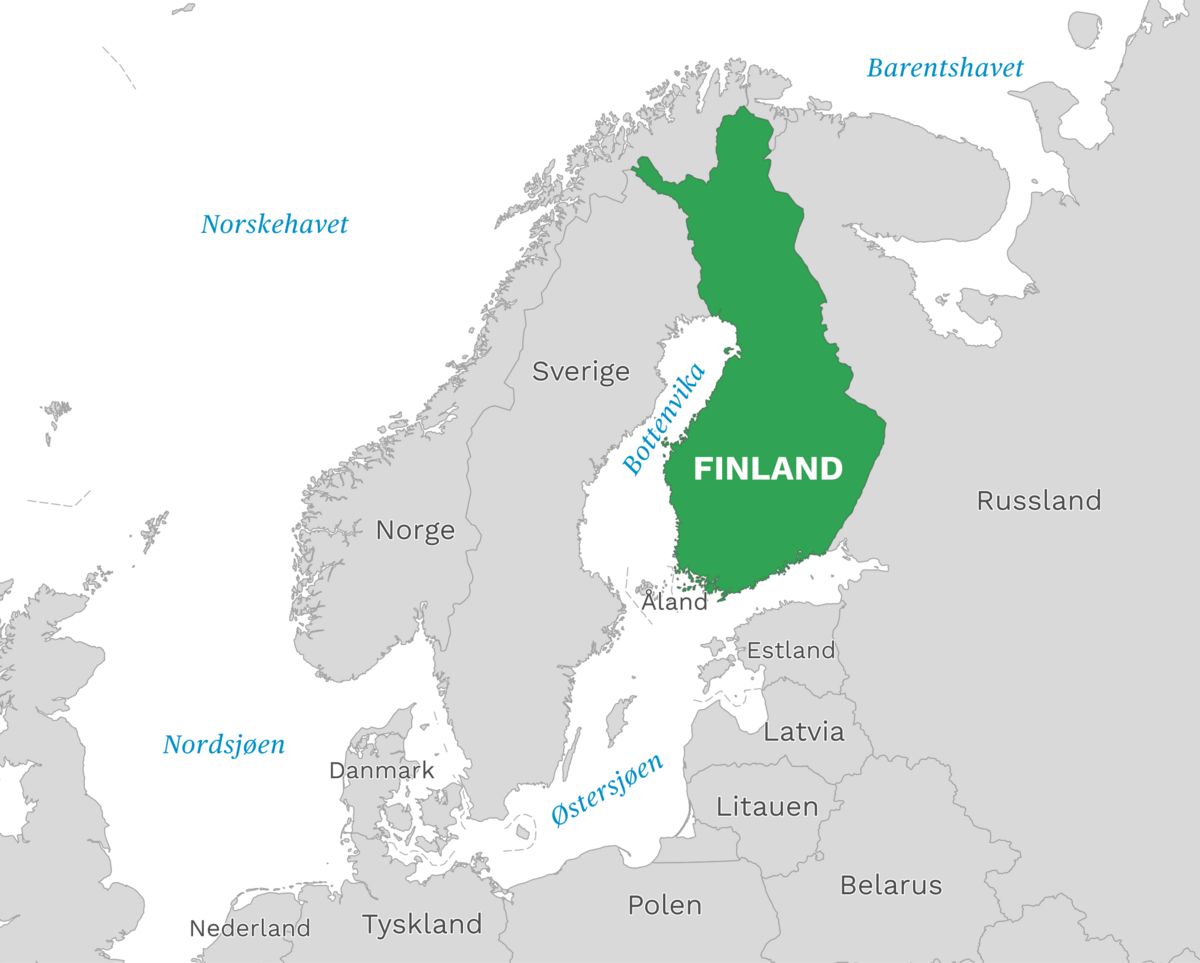 Plassering av Finland med naboland rundt, kart.