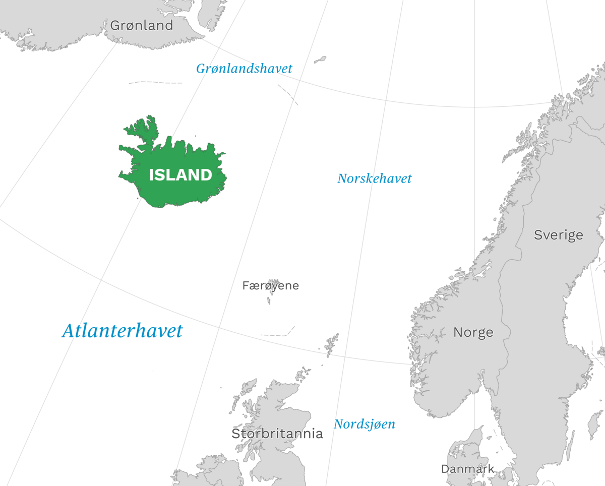 Plassering av Island med naboland rundt, kart.