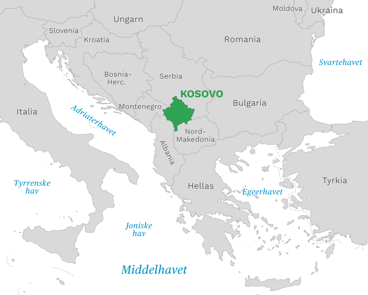 Plassering av Kosovo med naboland rundt, kart.