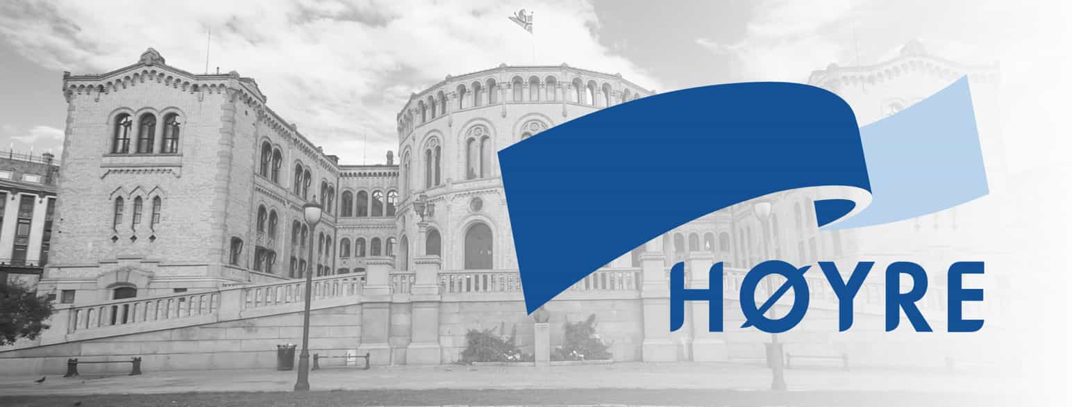 Svarthvitt-bilde av Stortinget i Oslo med logoen til partiet Høyre, en stilisert bølge i blåfarger med HØYRE i blå bokstaver under. Collage