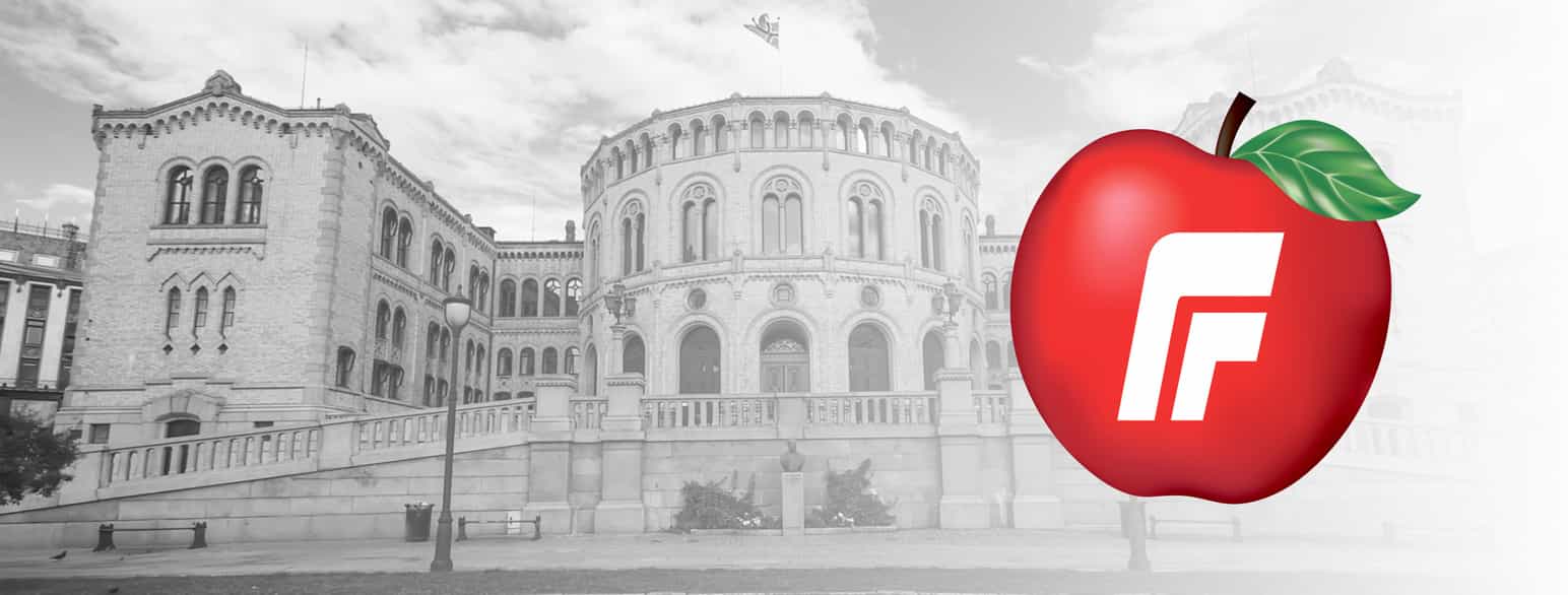 Svarthvitt-bilde av Stortinget i Oslo med logoen til Fremskrittspartiet, et rødt eple med stilk og et lite blad, og bokstavene FrP i hvitt midt på. Collage