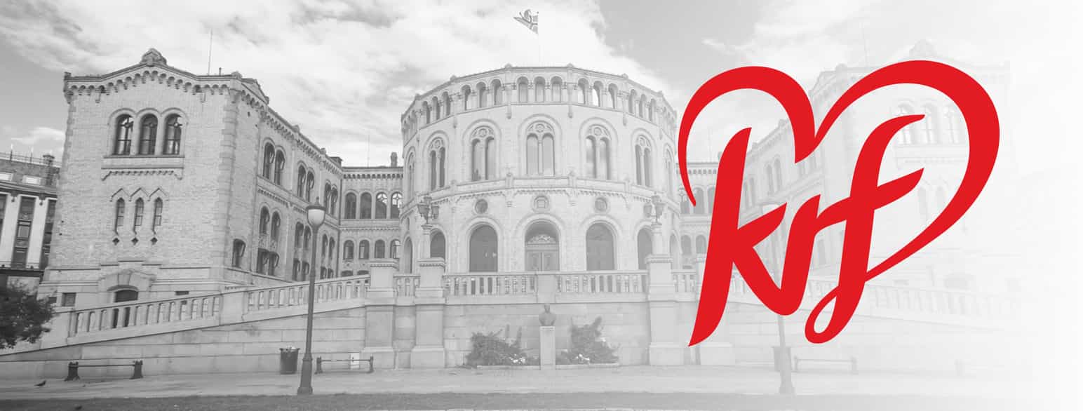 Svarthvitt-bilde av Stortinget i Oslo med logoen til Kristelig folkeparti, bokstavene krf i løkkeskrift med en strek som fortsetter rundt bokstavene og danner et hjerte. Collage