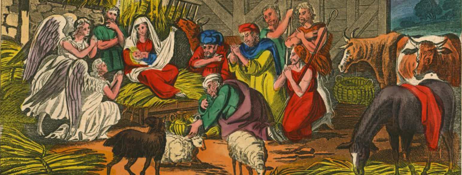 Et fargerikt bilde som viser en nyfødt Jesus. Rundt ham står moren og faren, noen gjetere og engler.