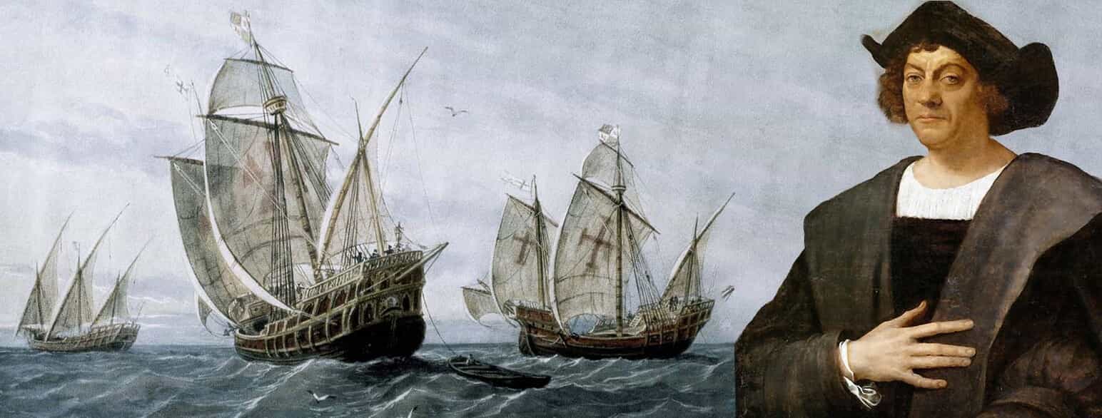 Måleri av Columbus og tre store seilskip. 