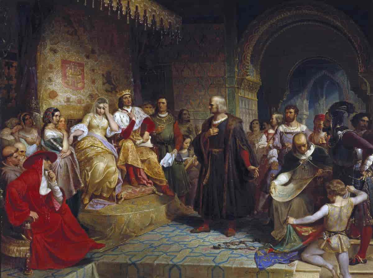 Maleri av Columbus som snakkar til den spanske kongen og dronninga. Kongen og dronninga sit på ei trone. Det er mange andre menneske på biletet. Alle har på seg dyre, fargerike klede.