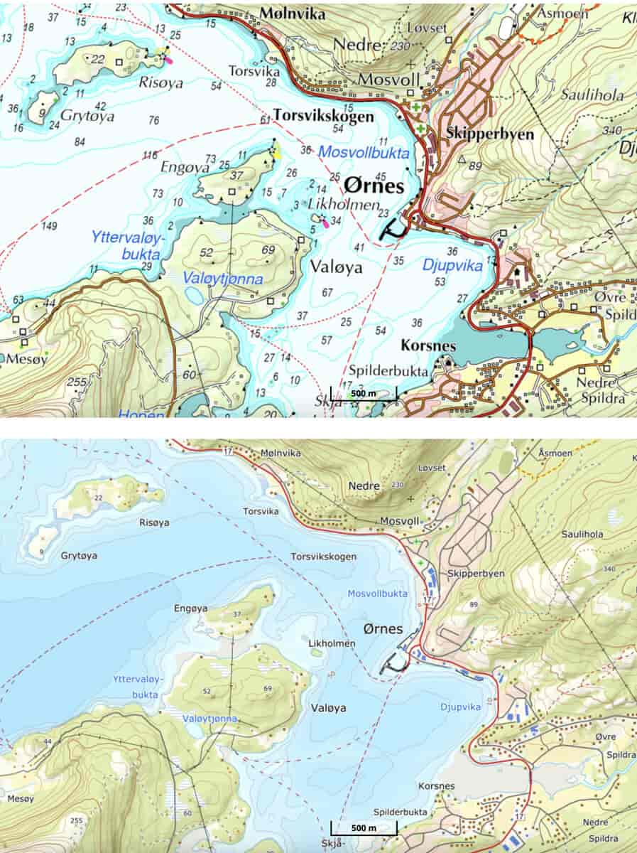 Utsnitt av kart over Ørnes i Meløy