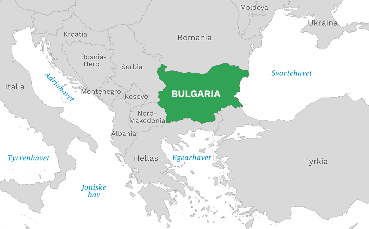 Plassering av Bulgaria med naboland rundt, kart.