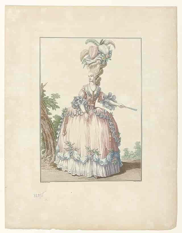 Kvinne iført kommoditetshatt, kobberstikk 1778