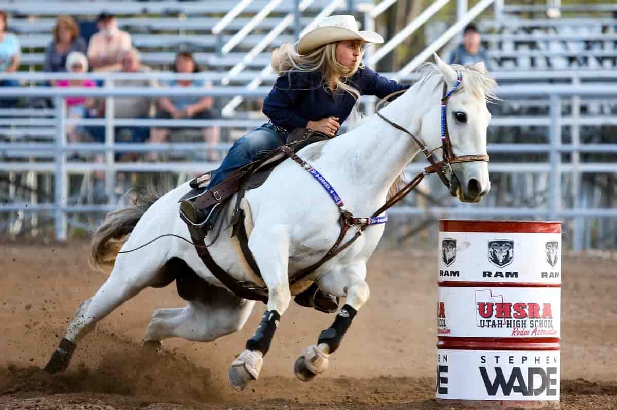 Fotografi av hest og rytter under en rodeo. Rytteren har på seg en cowboyhatt.