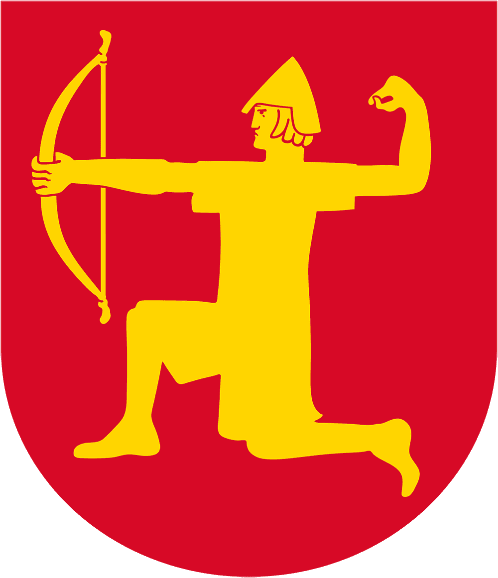 Et rødt kommunevåpen, med en gullfarget bueskytter på kne med pil og bue. 