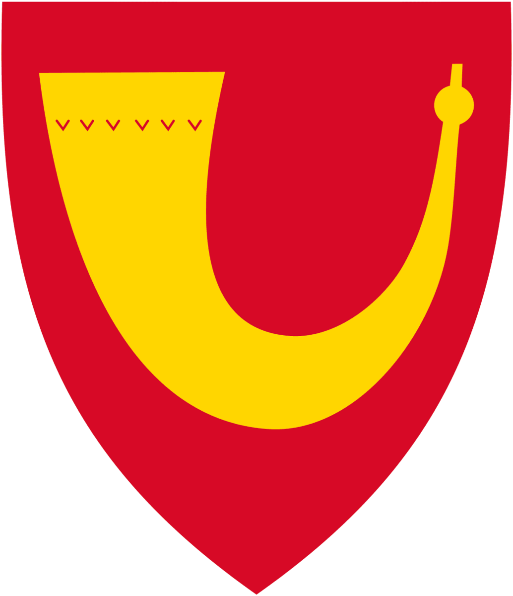 Et rødt kommunevåpen med et gullfarget drikkehorn