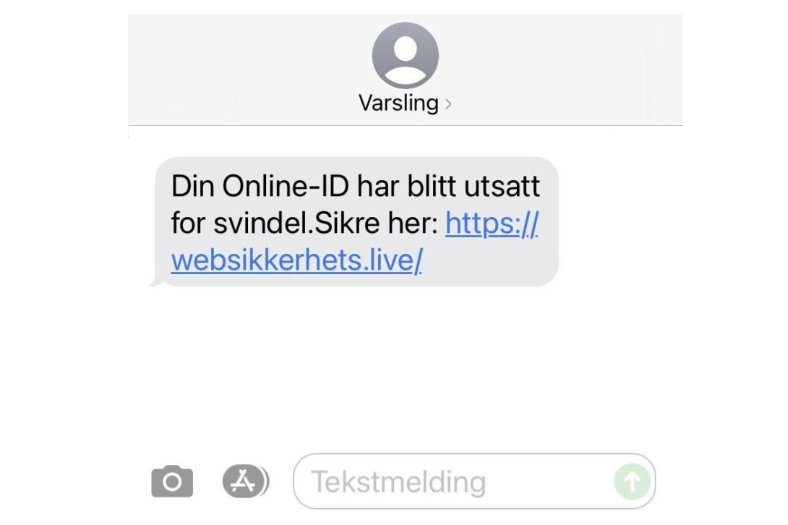 Bildet viser en tekstmelding som sier: Din Online-ID har blitt utsatt for svindel. Sikre her: https://websikkerhets.live