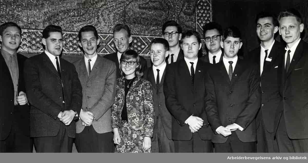 Fotografi av AUFs nyvalgte sentralstyre 1967. Medlemmene av sentralstyret står oppstilt på rekke.