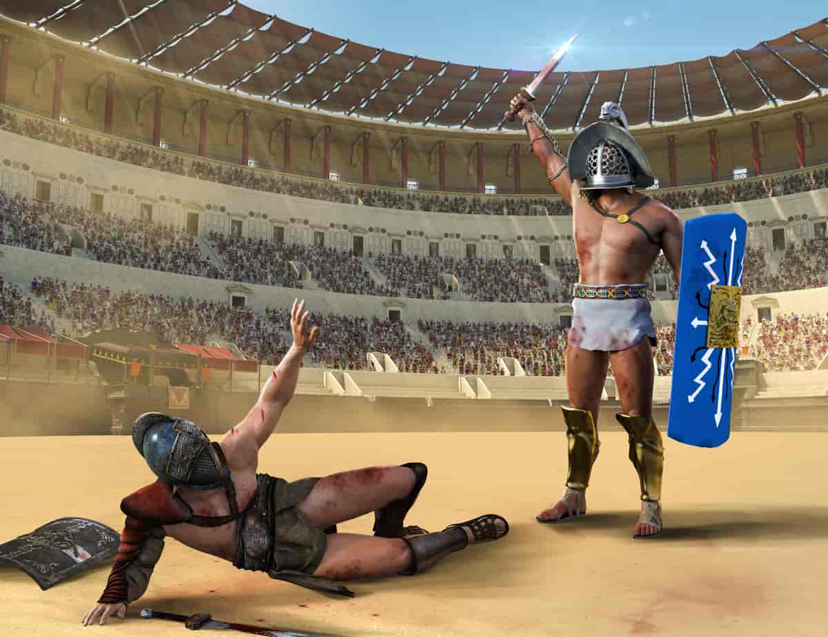 Gladiator-kamp i et stort romersk amfiteater. En gladiator ligger på bakken, den andre står oppreist og holder et sverd triumferende opp i lufta. Begge har små sår på kroppen. I bakgrunnen er teateret helt fullt av publikum. Øverst ser man solseilet holdt oppe av stokker. 3D-tegning