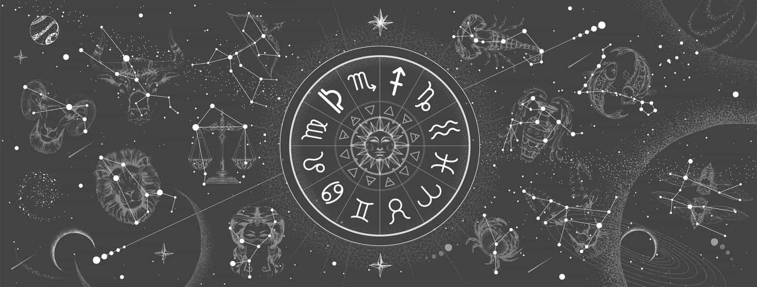 Zodiac-sirkel med symbola til alle stjerneteikna, og kart over stjernebilda med kvart teikn i dyrekrinsen teikna inn rundt stjernene. Illustrasjon