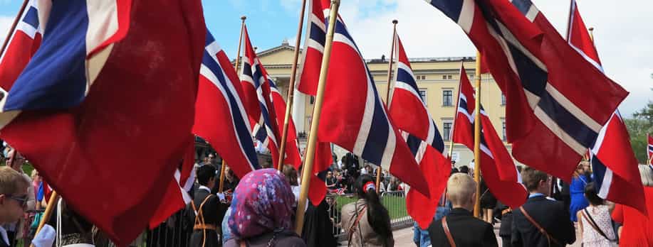 Foto av barn i barnetog som bærer store norske flagg i bakken opp mot slottet i Oslo.
