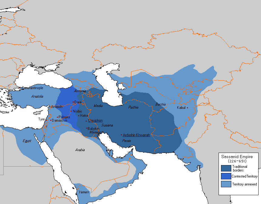 Sasanideriket i dets største utstrekning (620).