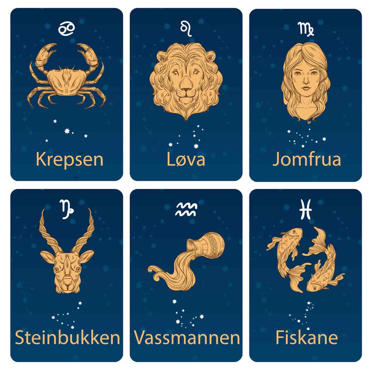 Illustrasjonar av seks kort med symbolet for stjerneteiknet, ei tegning, eit lite kart over stjernekonstellasjonen og namnet på teiknet. 