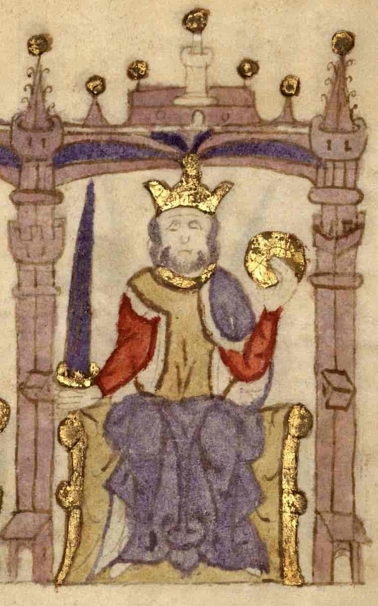 Gammelt maleri eller tegning av Alfons 1. som sitter på en trone. Han har krone på hodet, et sverd i den ene hånden og en rund gjenstand i den andre, kanskje en form for rikseple. Både tronen, kronen, sverdet og den runde gjenstanden er belagte med gull.
