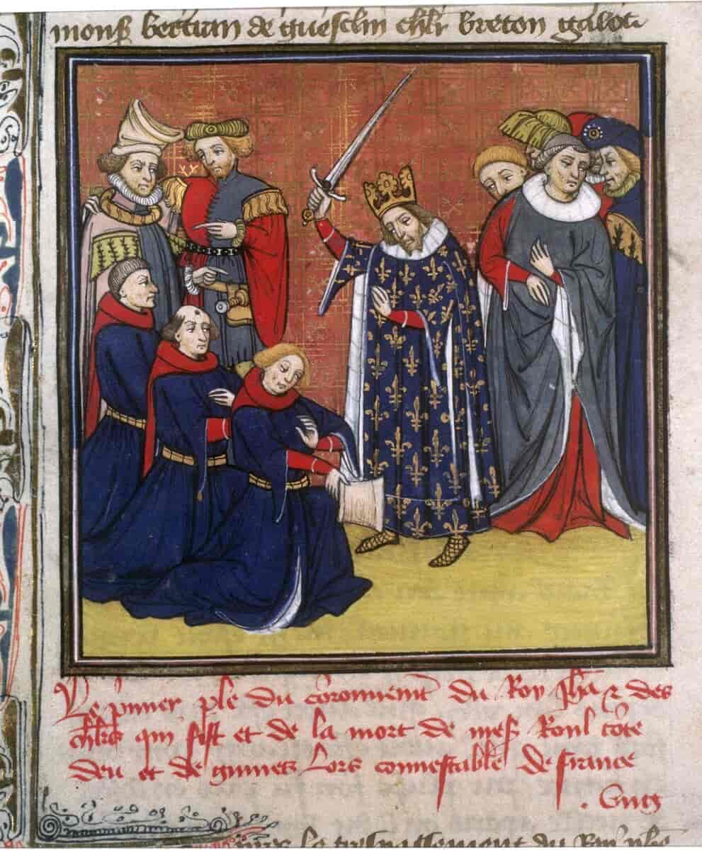 Maleri fra middelalderen. Kong Johan står i bildets sentrum, med krone på hodet, lang kappe og løftet sverd. Til venstre i bildet kneler tre menn foran kongen. 