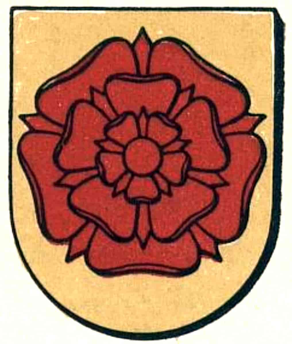 Eldre teikning av Sudreimsættas slektsvåpen, eit gult skjold med ei raud rose.