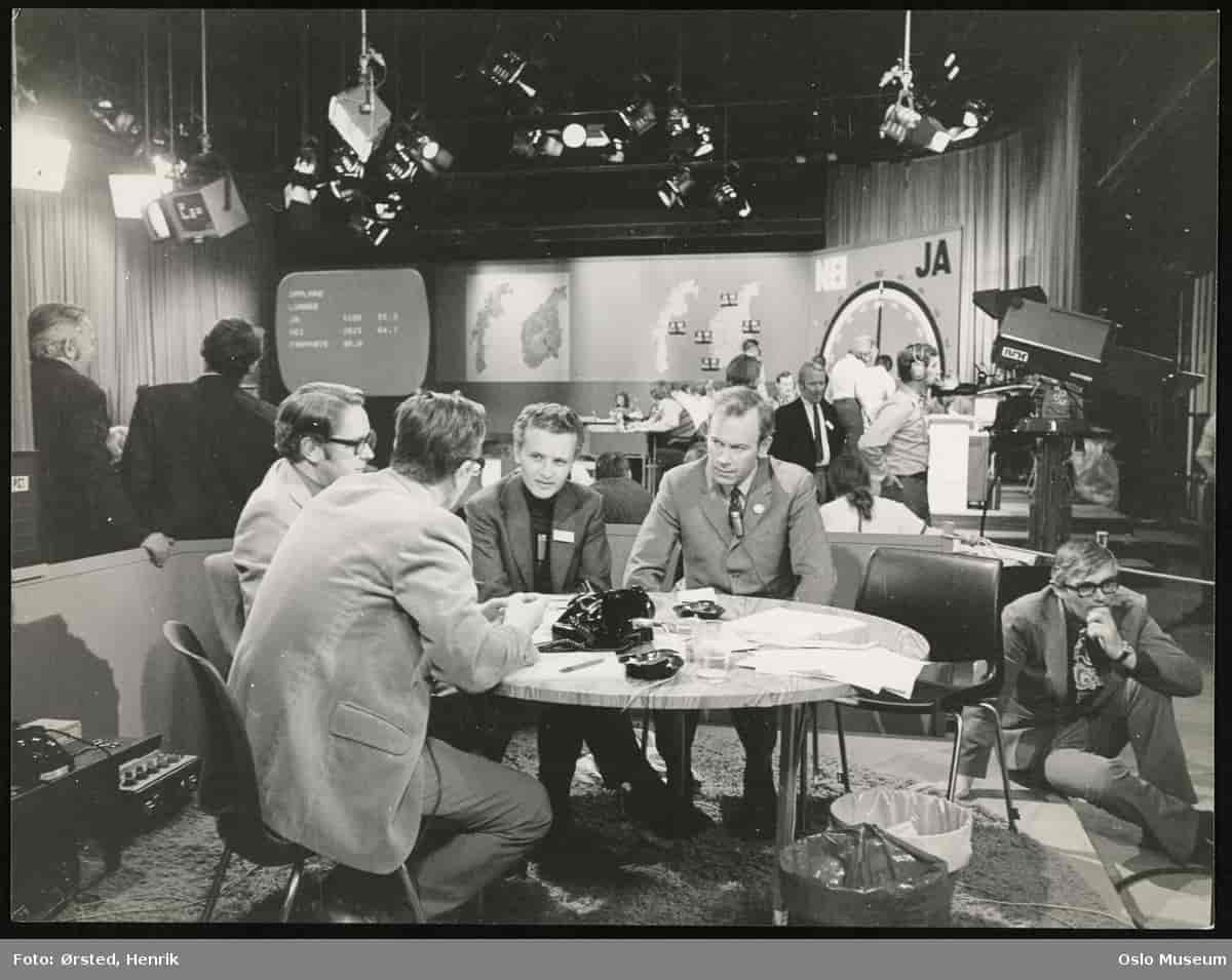 Fire menn sit ved eit rundt bord i eit TV-studio. Ein annan mann sit på golvet. Ei halvsirkelforma skive med ei pil i midten som peiker midt mellom ja og nei i bakgrunnen. Mange kringkastingslys i taket. 