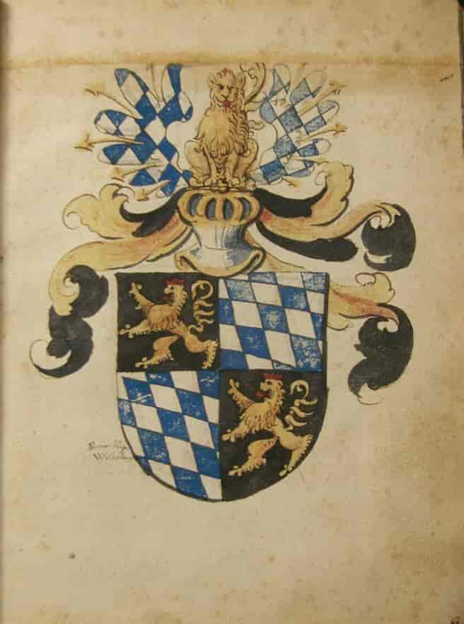 Tegning fra 1500-tallet av våpenskjold med fire felt - to av dem med ruter i hvitt og blått og to av dem med stående løver. Nok en løve sitter på toppen av våpenskjoldet.