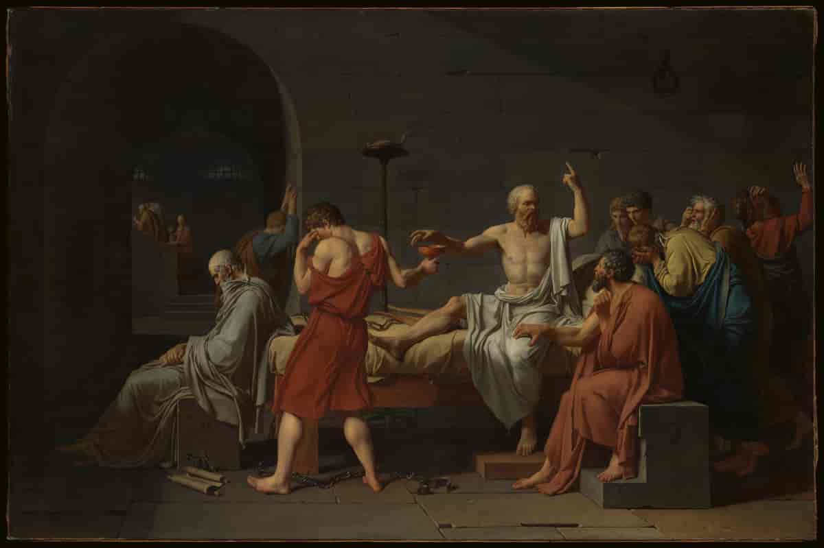 Maleriet viser filosofen Sokrates som sitter på en seng med flere menn rundt seg. Han holder en hånd opp i luften med pekefingeren mot himmelen. En mann holder et rødt beger som han gir til Sokrates.