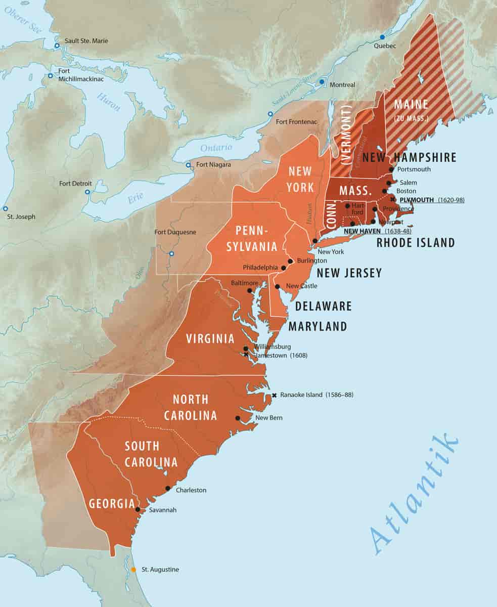 Kart over de 13 koloniene som sluttet seg til uavhengighetserklæringen