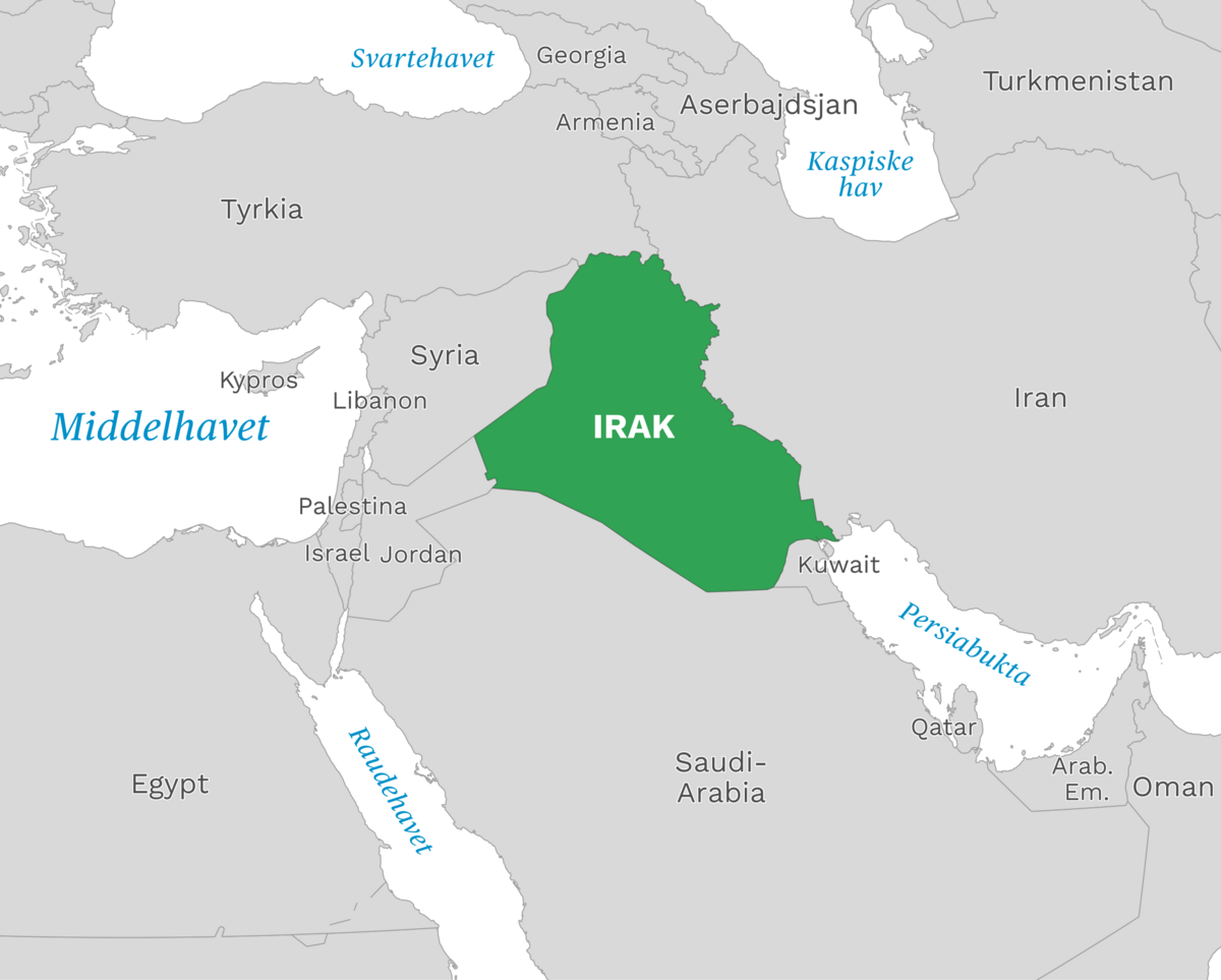 Plassering av Irak med naboland rundt, kart.