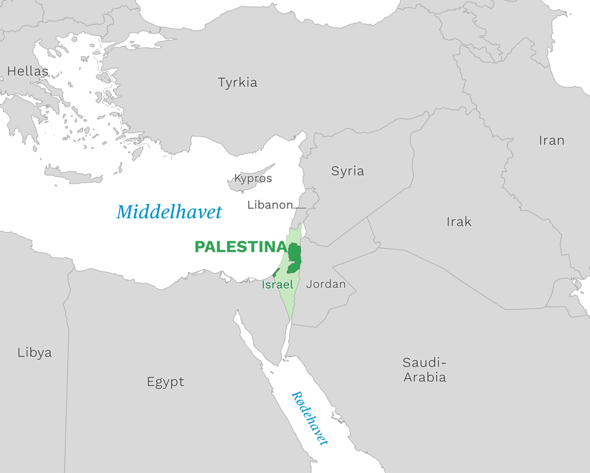 Plassering av Palestina med naboland rundt, kart.