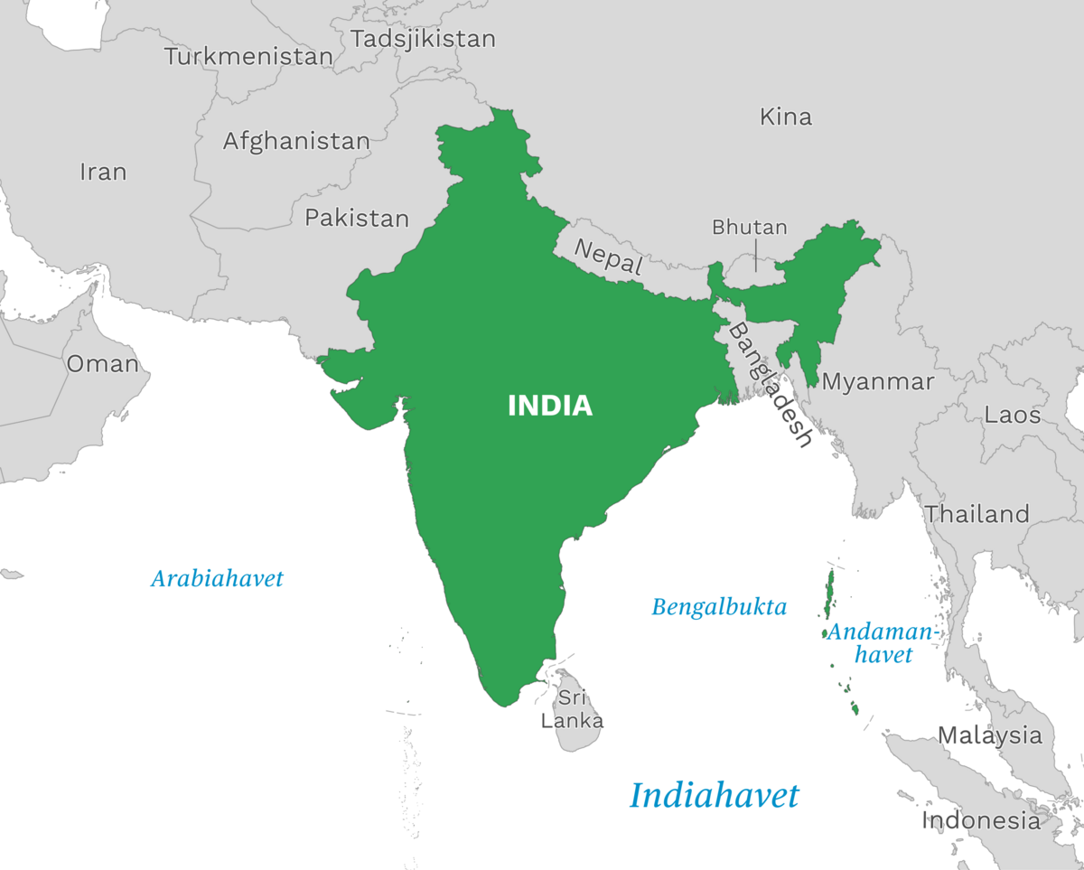 Plassering av India med naboland rundt, kart.