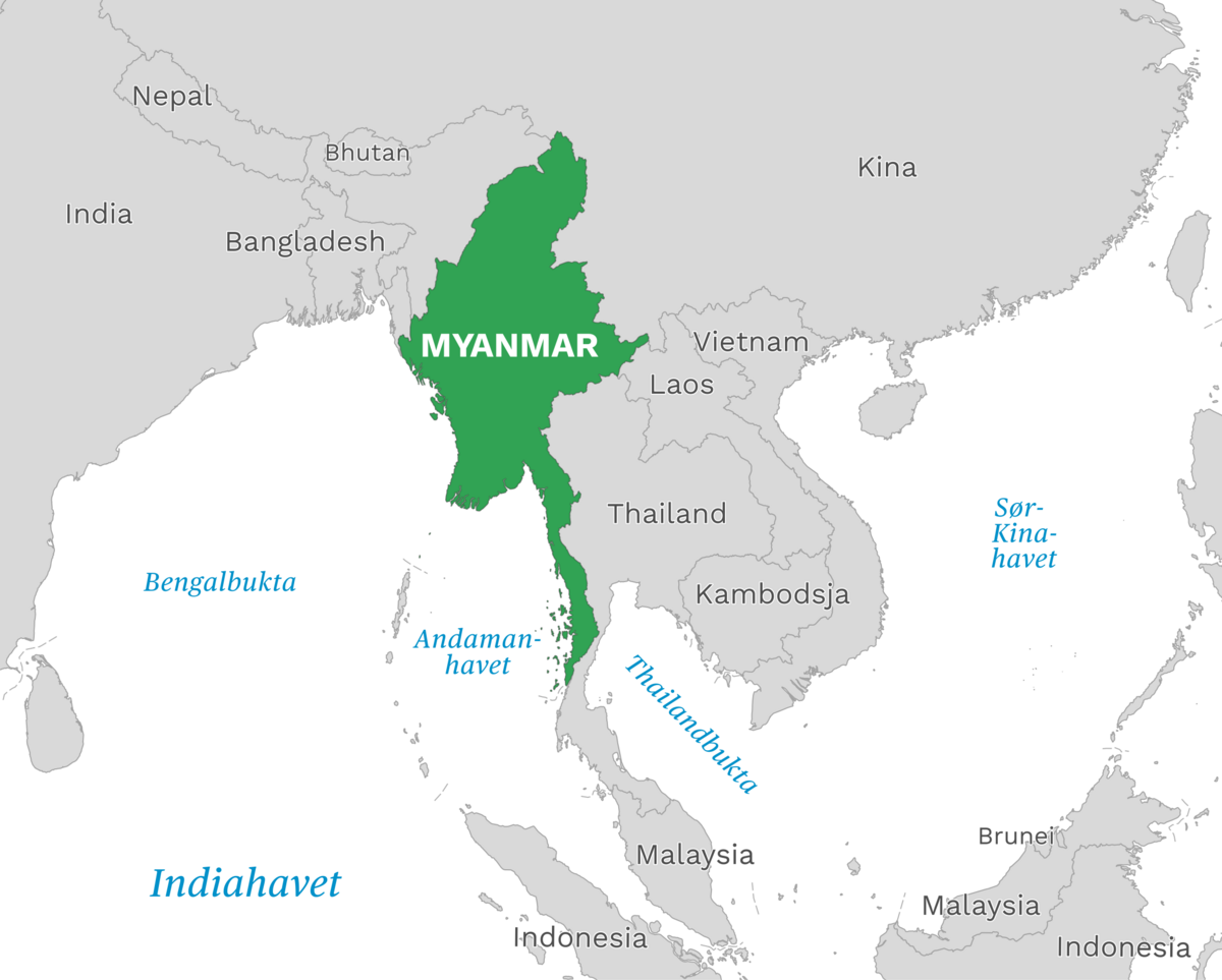 Plassering av Myanmar med naboland rundt, kart.