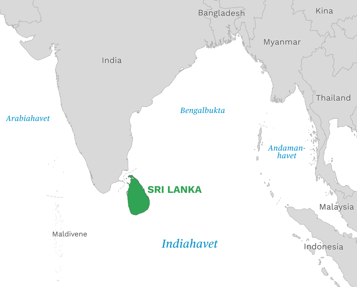 Plassering av Sri Lanka med naboland rundt, kart.