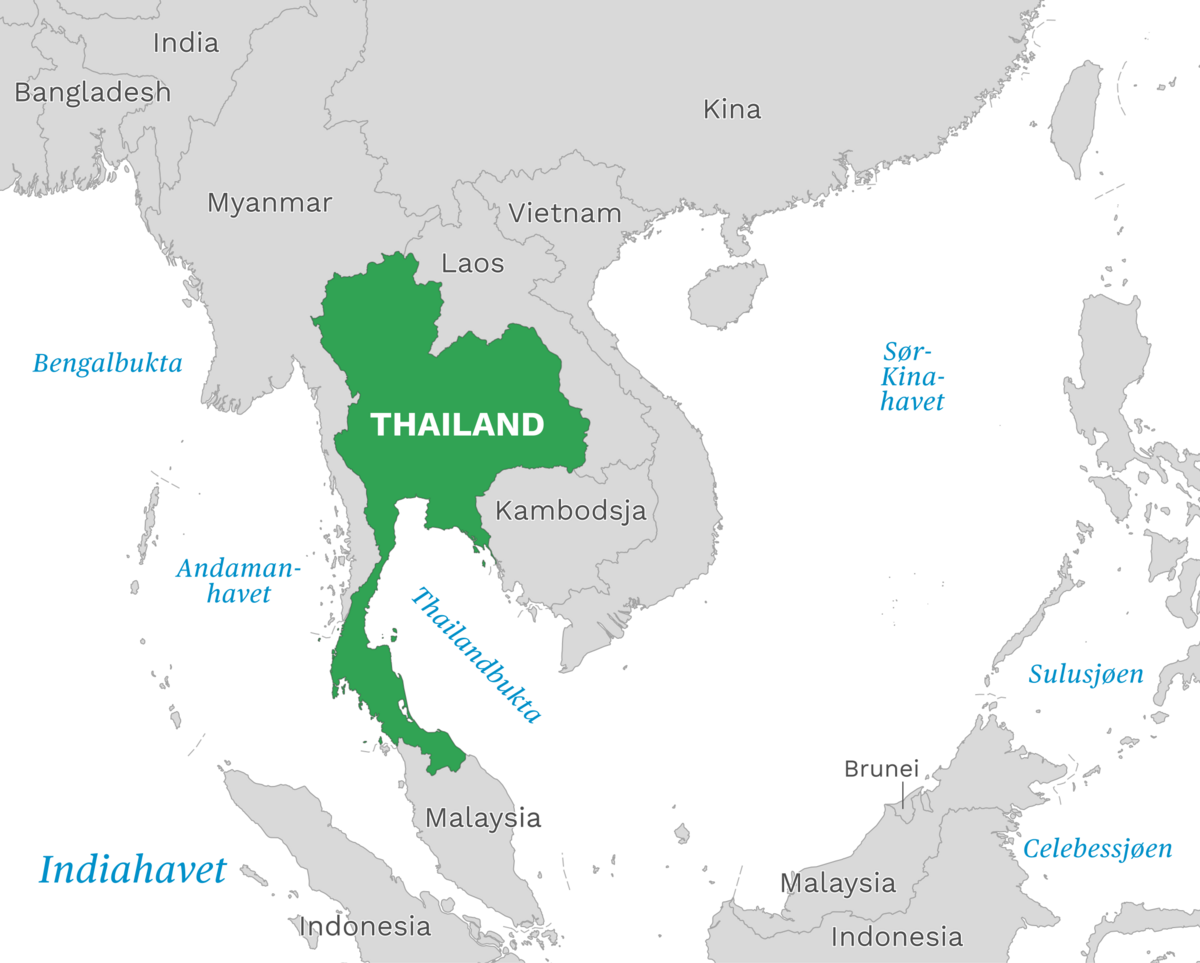 Plassering av Thailand med naboland rundt, kart.