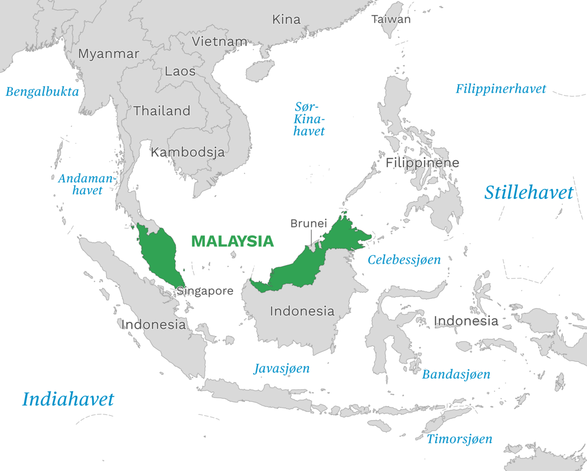 Plassering av Malaysia med naboland rundt, kart.