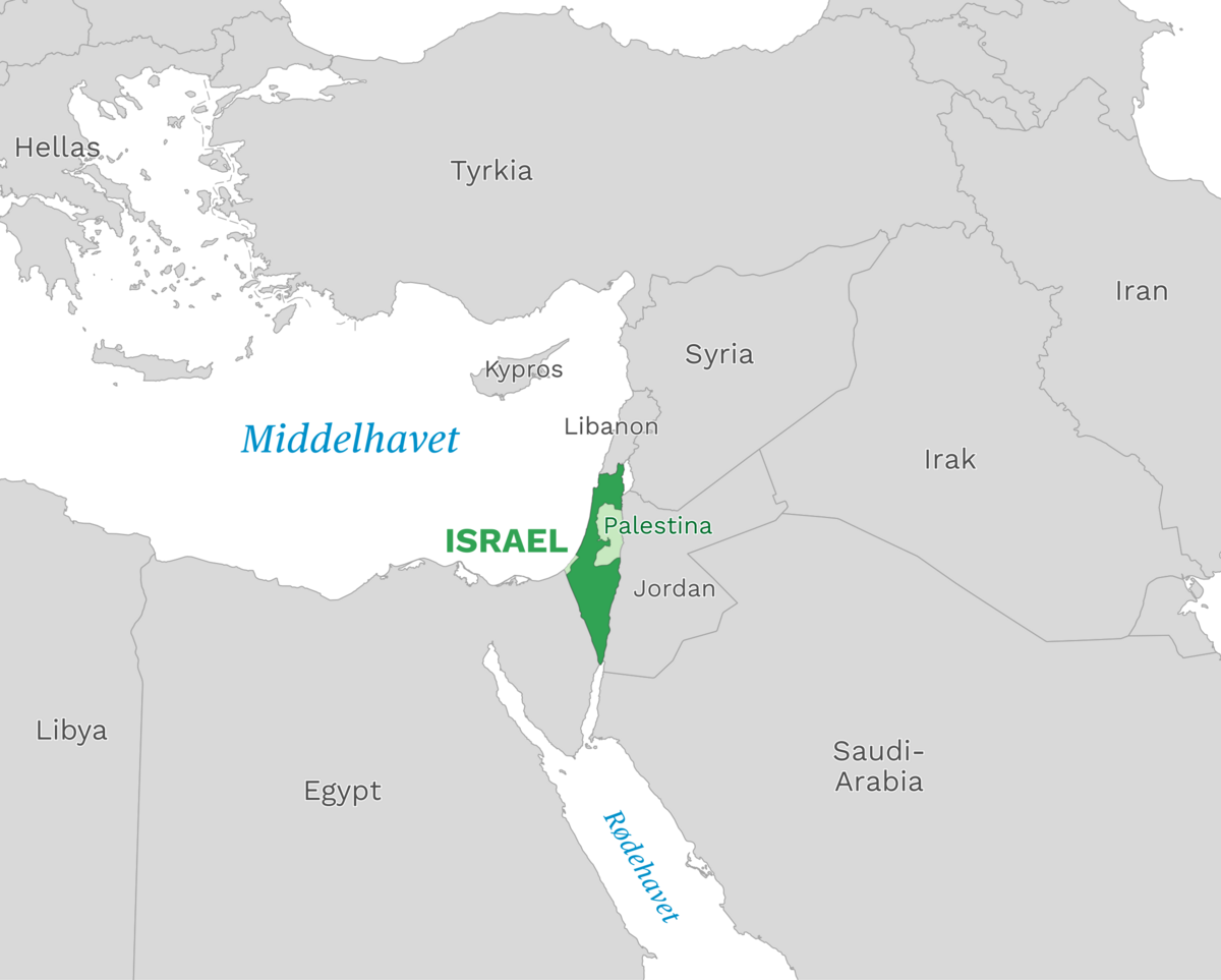 Plassering av Israel med naboland rundt, kart.