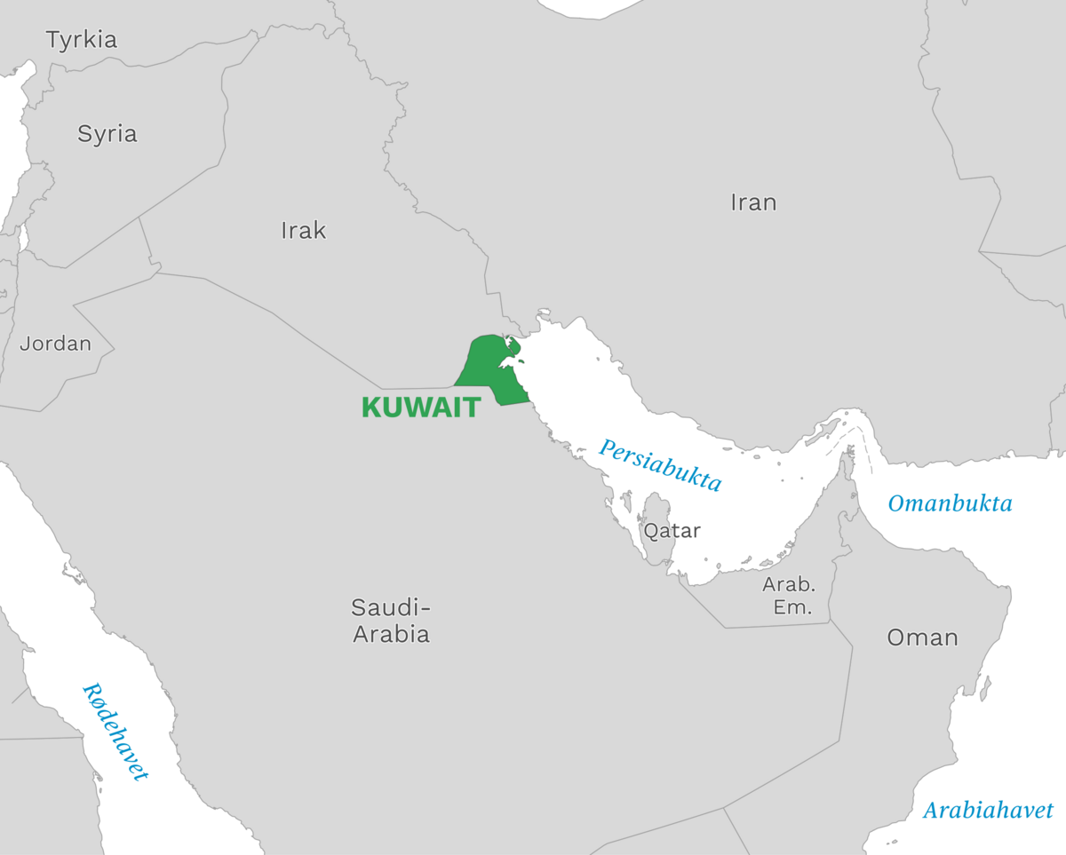 Plassering av Kuwait med naboland rundt, kart.