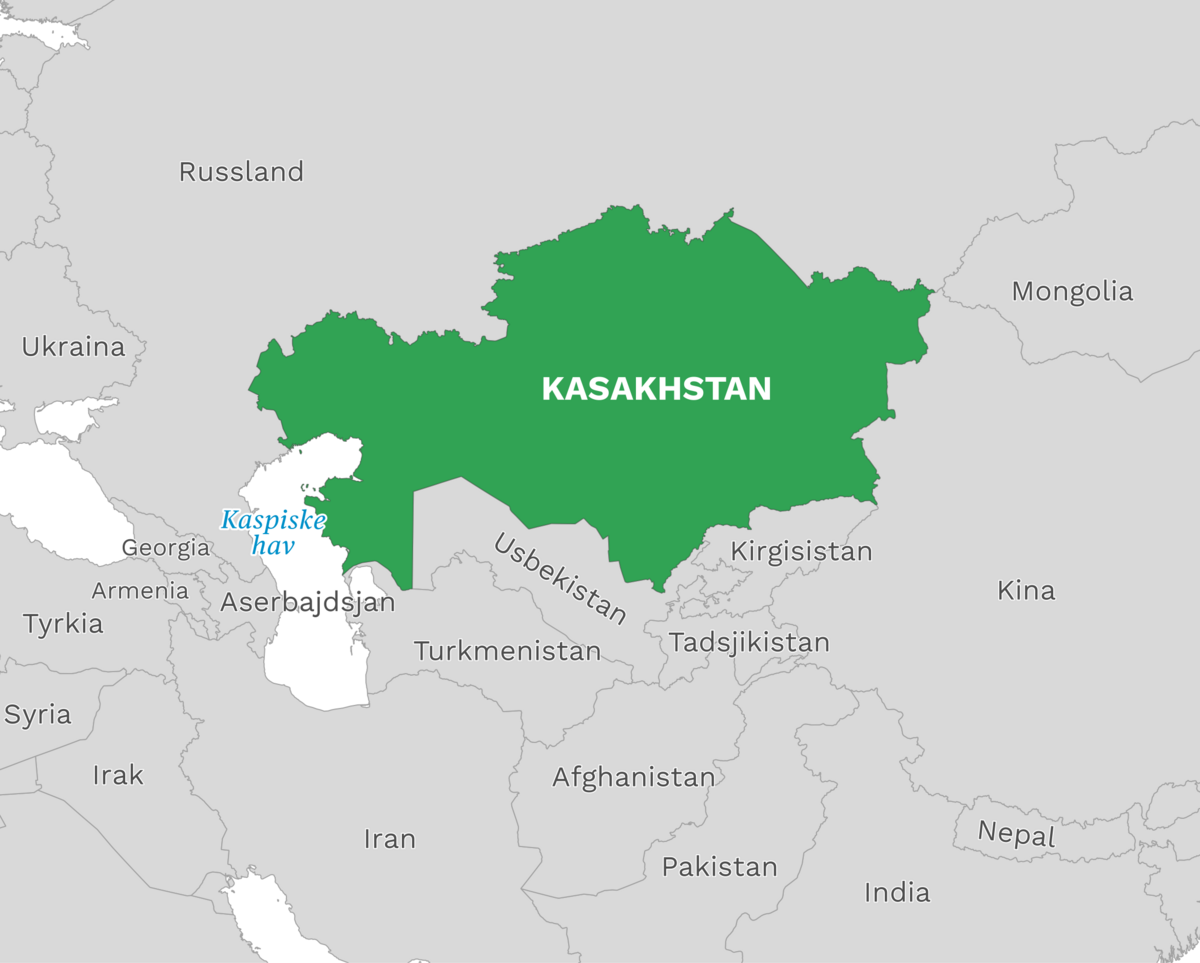 Plassering av Kasakhstan med naboland rundt, kart.