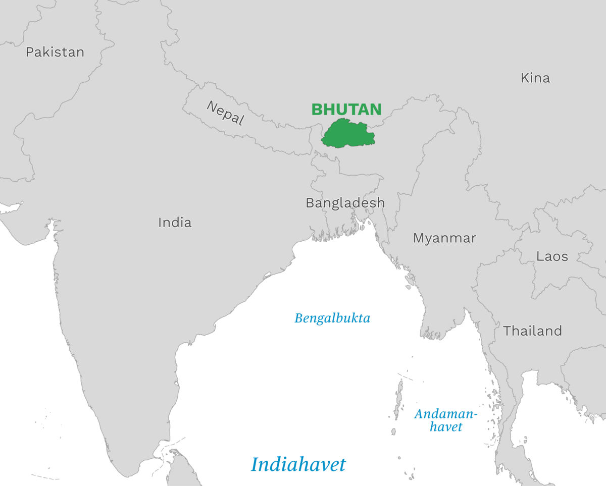 Plassering av Bhutan med naboland rundt, kart.