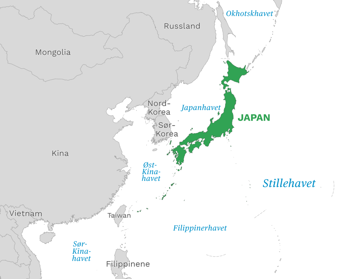 Plassering av Japan med naboland rundt, kart.