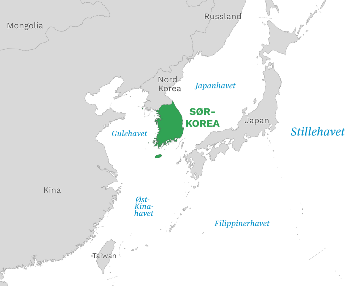 Plassering av Sør-Korea med naboland rundt, kart.