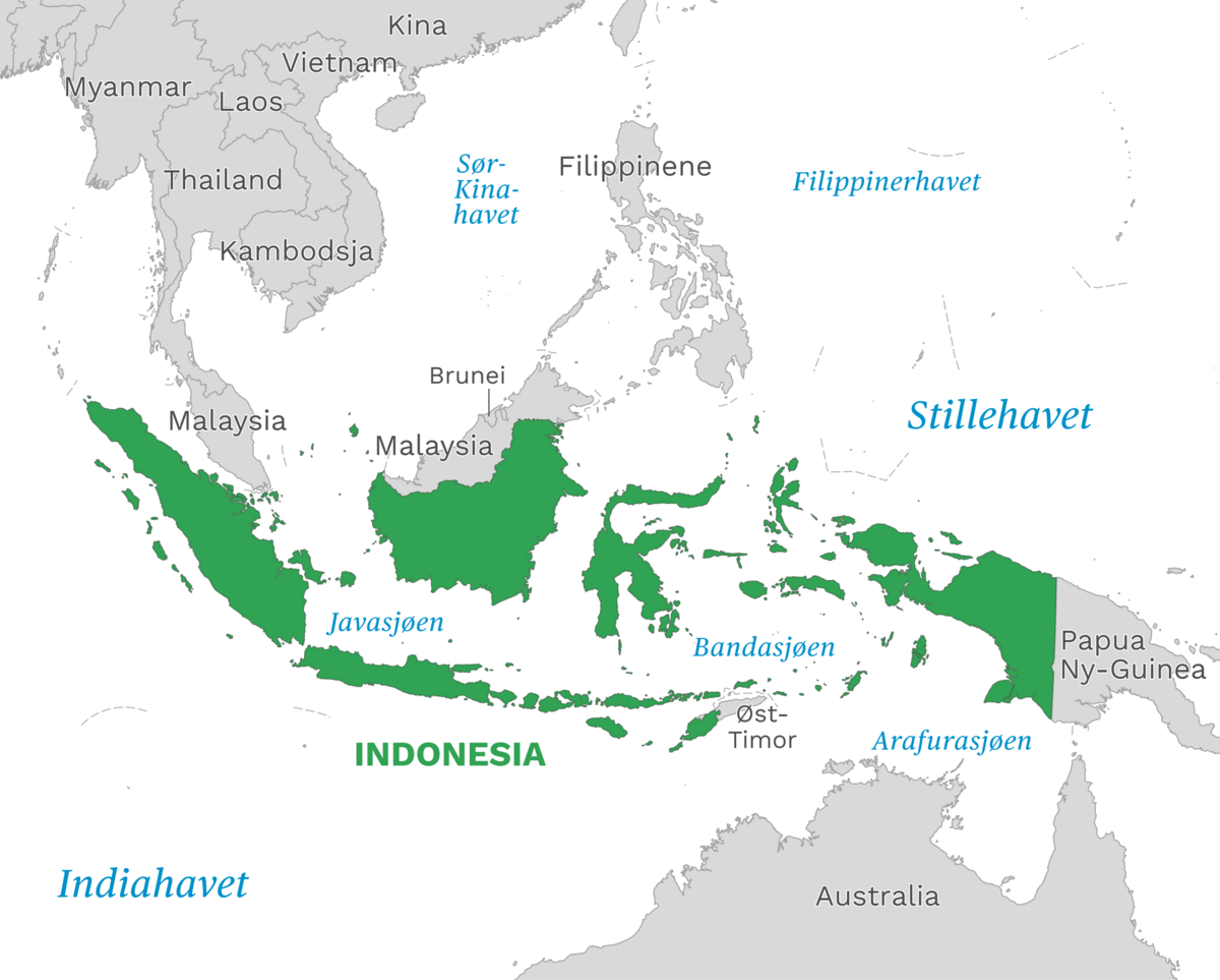 Plassering av Indonesia med naboland rundt, kart.